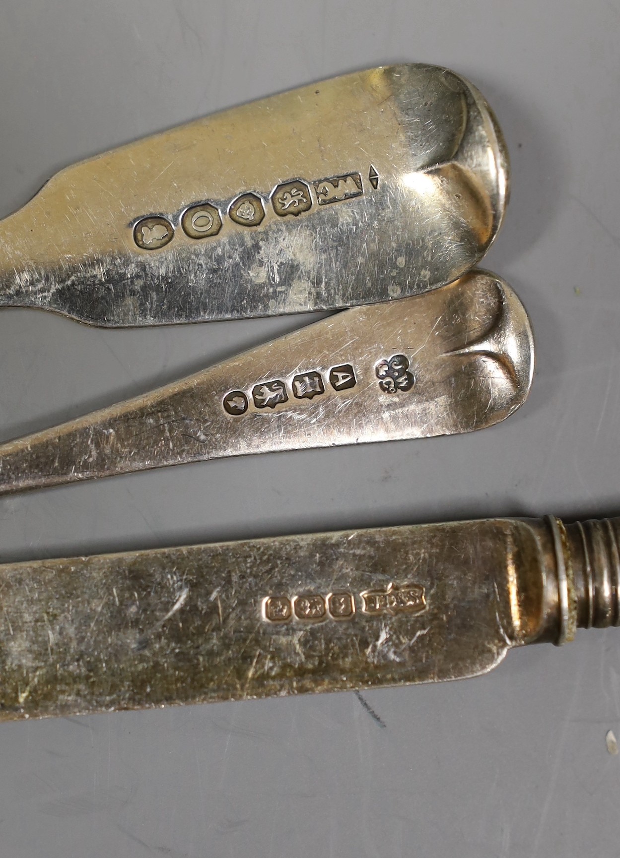 A set of six Victorian provincial silver Old English pattern teaspoons by Josiah Williams & Co, Exeter, 1877 and a small quantity of mainly 19th century silver flatware and a plated teaspoon and pickle fork, weighable si